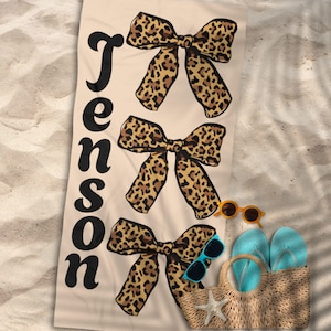 Personalized Leopard Print Bow Beach Towel with Name