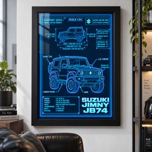 May include: A framed wall art print featuring a blue neon-style technical blueprint of a Suzuki Jimny JB74. The graphic displays vehicle specifications, dimensions in millimeters and inches, engine details, and the text Suzuki Jimny JB74.