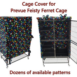 May include: A black ferret cage cover with a colorful paw print pattern. The cover is made of fabric and has ties at the top. The cage is made of metal and has a door on the side. The text "Cage Cover for Prevue Feisty Ferret Cage" is at the top of the image. The text "Dozens of available patterns" is at the bottom of the image.