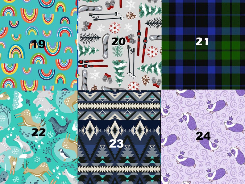 May include: A collage of ten different fabric patterns. The patterns include rainbows on a turquoise background, winter-themed patterns with pine trees and skis on a gray background, a blue and green plaid pattern, a blue and white geometric pattern, and a purple pattern with a repeating image of a guinea pig.