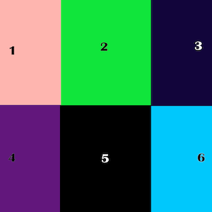 May include: A grid of six squares, each with a different color and a number in the center. The colors are pink, green, dark blue, purple, black, and light blue. The numbers are 1, 2, 3, 4, 5, and 6.