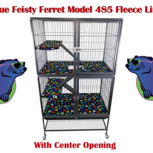 May include: A black metal double-tiered ferret cage with a center opening. The cage has two levels with a ramp connecting them. The cage is on wheels and has a black fleece liner with paw prints on it. The cage is labeled "Prevue Feisty Ferret Model 485 Fleece Liners".
