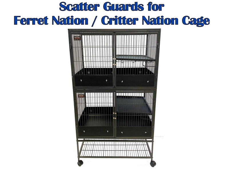 May include: Black metal cage with two levels and a bottom shelf. The cage has two doors on each level and a black plastic tray on each level. The cage is on wheels.