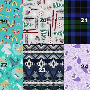 May include: A collage of ten different fabric patterns. The patterns include rainbows on a turquoise background, winter-themed patterns with pine trees and skis on a gray background, a blue and green plaid pattern, a blue and white geometric pattern, and a purple pattern with a repeating image of a guinea pig.