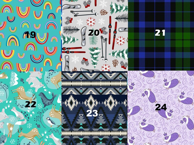 May include: A collage of ten different fabric patterns. The patterns include rainbows on a turquoise background, winter-themed patterns with pine trees and skis on a gray background, a blue and green plaid pattern, a blue and white geometric pattern, and a purple pattern with a repeating image of a guinea pig.