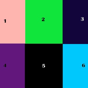 May include: A grid of six squares, each with a different color and a number in the center. The colors are pink, green, dark blue, purple, black, and light blue. The numbers are 1, 2, 3, 4, 5, and 6.