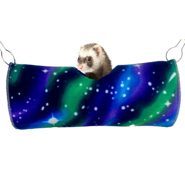 Hanging Peek-a-Boo Tunnel for Small Animal, Ferret, Chinchilla, Rat, Sugar Glider. Northern Lights Print, Machine Washable