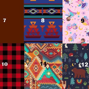 May include: A collage of 12 different fabric swatches. The swatches are arranged in a grid pattern. The swatches feature a variety of patterns, including plaid, geometric, and floral. The swatches are numbered 7 through 12.