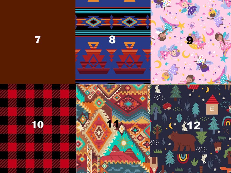 May include: A collage of 12 different fabric swatches. The swatches are arranged in a grid pattern. The swatches feature a variety of patterns, including plaid, geometric, and floral. The swatches are numbered 7 through 12.