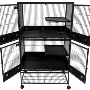 May include: Black metal double-tier cage with two doors on each side, a pull-out tray, and a shelf on the top tier. The cage is on wheels.