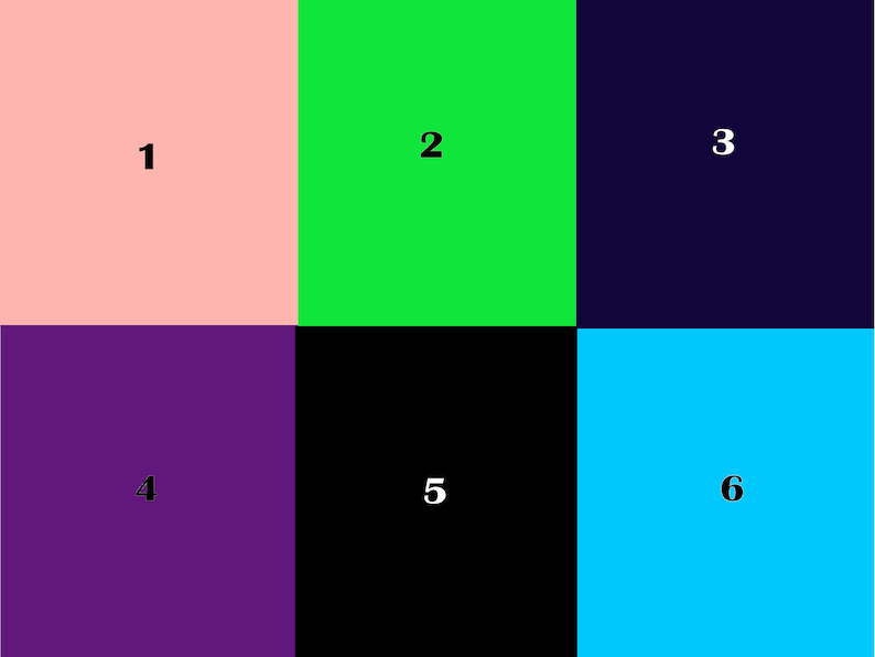 May include: A grid of six squares, each with a different color and a number in the center. The colors are pink, green, dark blue, purple, black, and cyan. The numbers are 1, 2, 3, 4, 5, and 6.