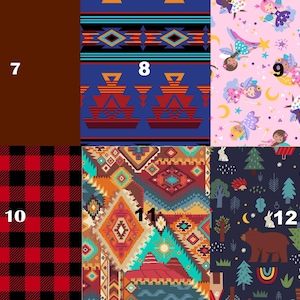 May include: A collage of 12 different fabric patterns. The patterns include a brown background, a blue background with a red and white geometric pattern, a pink background with a white fairy pattern, a red and black plaid pattern, a multi-colored geometric pattern, a dark blue background with a white house and trees pattern.