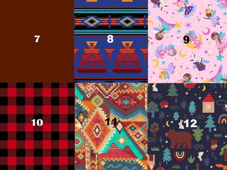 May include: A collage of 12 different fabric patterns. The patterns include a brown background, a blue background with a red and white geometric pattern, a pink background with a white fairy pattern, a red and black plaid pattern, a multi-colored geometric pattern, a dark blue background with a white house and trees pattern.