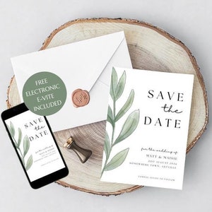 Plantilla editable minimalista de eucalipto para guardar la fecha / Plantilla electrónica + imprimible para guardar la fecha de boda / A5 + invitación para teléfono inteligente