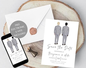 Editable Same Sex Husband & Husband Minimalistic Save the Date template | A5 smartphone LGBTQ+ wedding invite | Electronic Instant Download