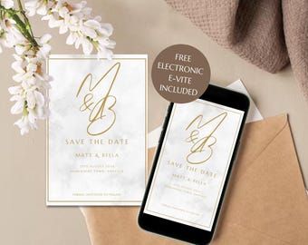 Cream & Gold Minimalistic Editable Save the Date Template | Electronic + Printable Save the Date Wedding template | A5 + Smartphone invite