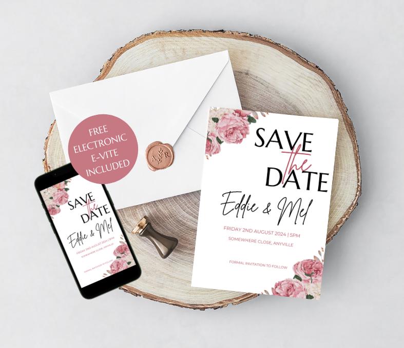 Pink Rose Flower Editable Save the Date Template | Electronic + Printable Save the Date Wedding template | A5 & Smartphone invite