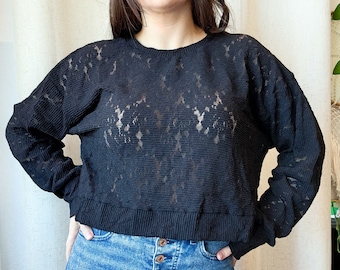 HANDGEMAAKT doorschijnend zwart T-shirt met lange mouwen met bloemenpatroon | Stretchstof | Slow Fashion