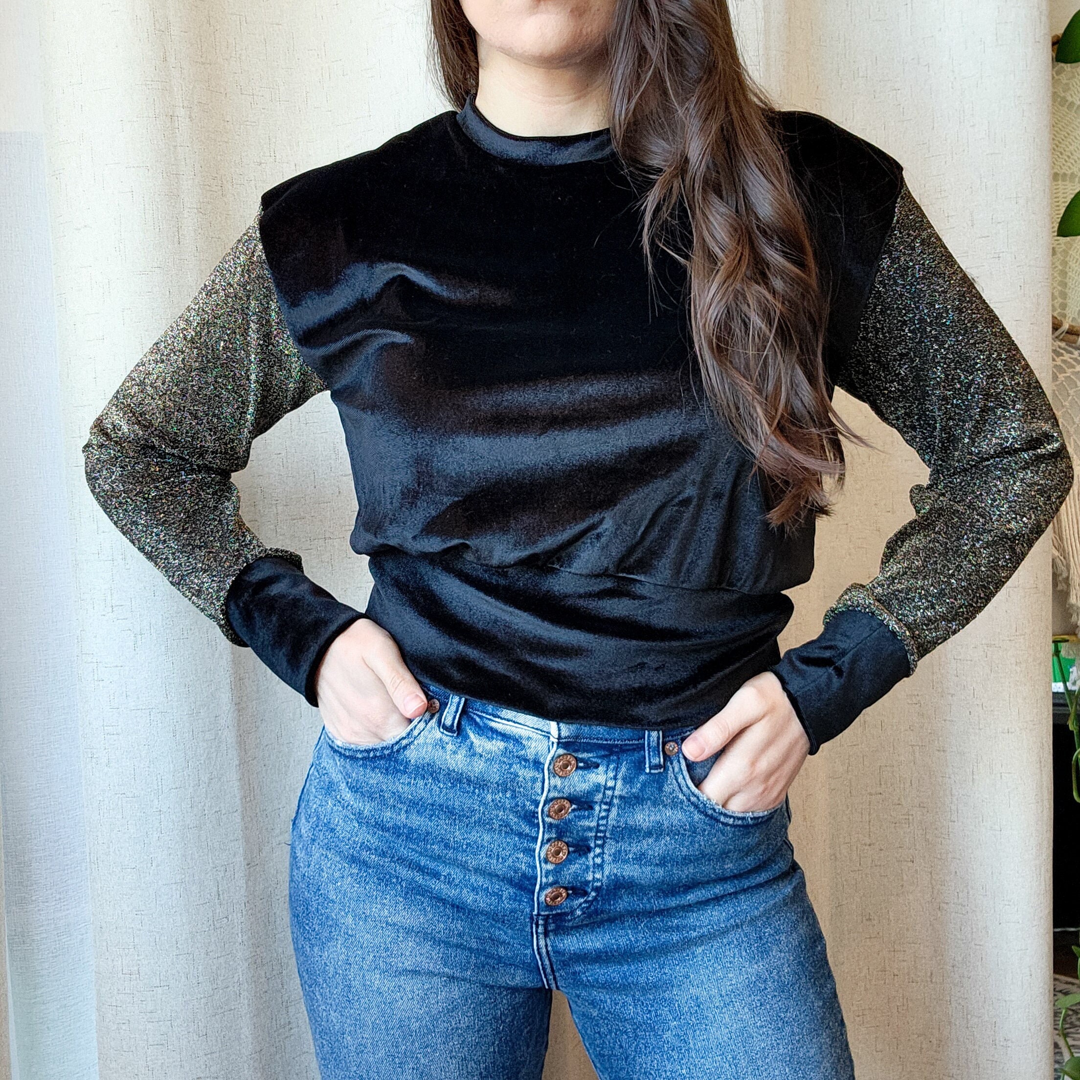 HANDMADE Black & Glitter Stretch Velvet Long Sleeved Fitted Blouse Slow Fashion