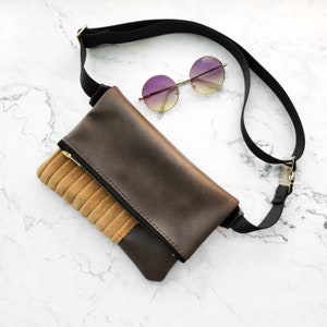 FANNY PACK Brown + Pumpkin Spice Vegan Leather Fold-Over Crossbody Purse | low profile