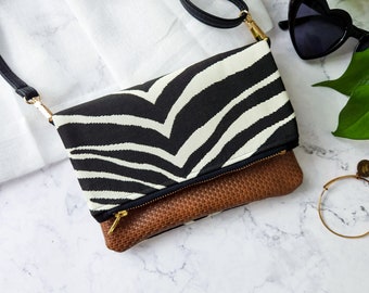 KLEINE zebra+bruine vegan leren omgevouwen schoudertas