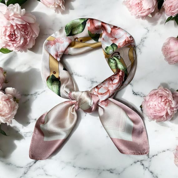 Floral Silk Scarf: Pink Rose Print, Satin Neck Scarf (70cm) - Etsy
