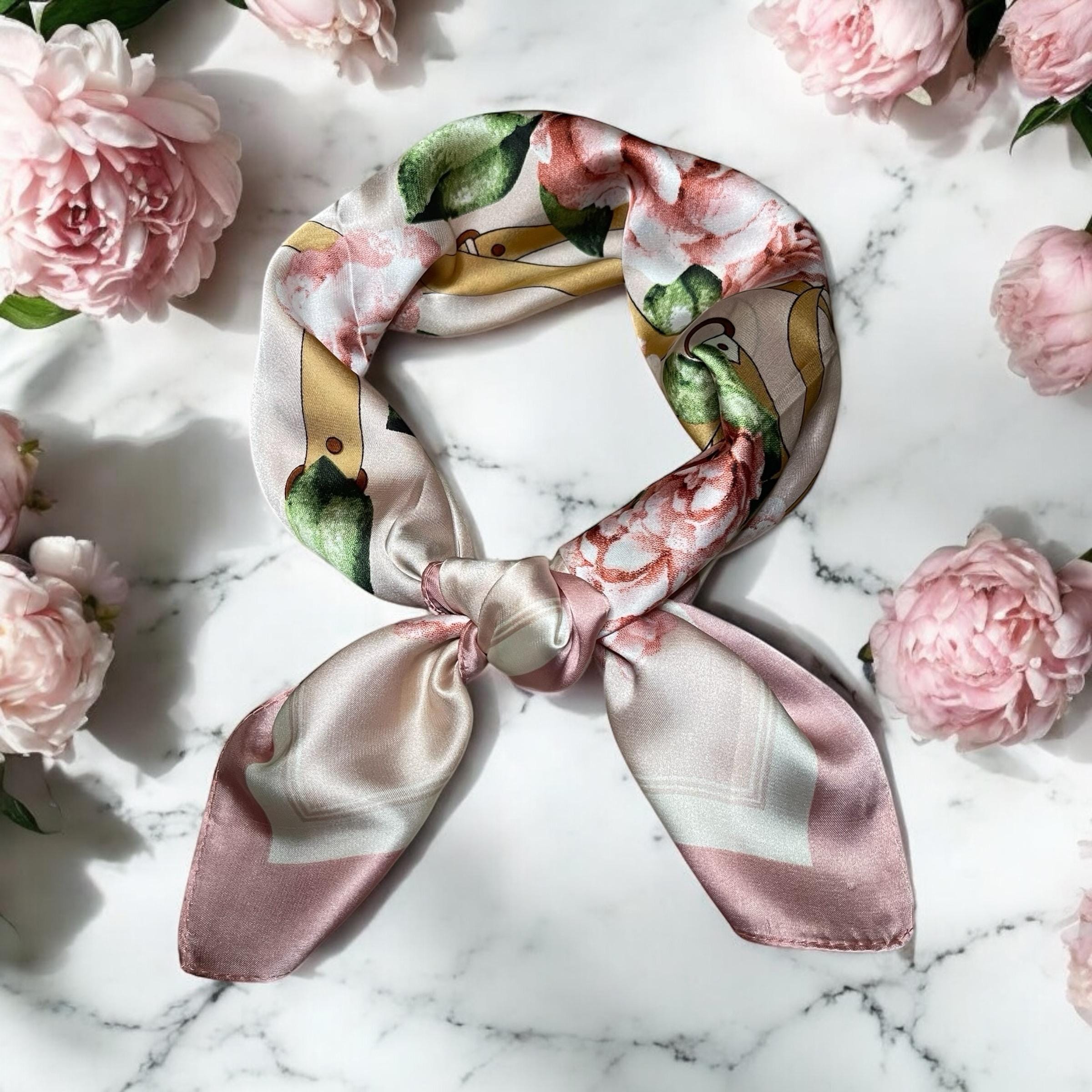 Floral Silk Scarf: Pink Rose Print, Satin Neck Scarf (70cm) - Etsy