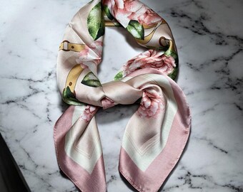 Floral Silk Scarf: Pink Rose Print, Satin Neck Scarf (70cm) - Etsy