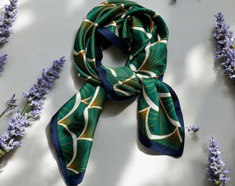 Elegant Green & Gold Silk Scarf - Art Deco Peacock Print 70cm Neck Tie, Hair Wrap, Bandana, Hijab