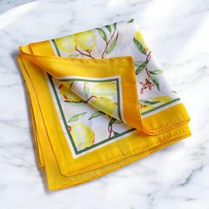 May include: A yellow silk scarf with a white background and a lemon print. The scarf has a yellow border with a green inner border.