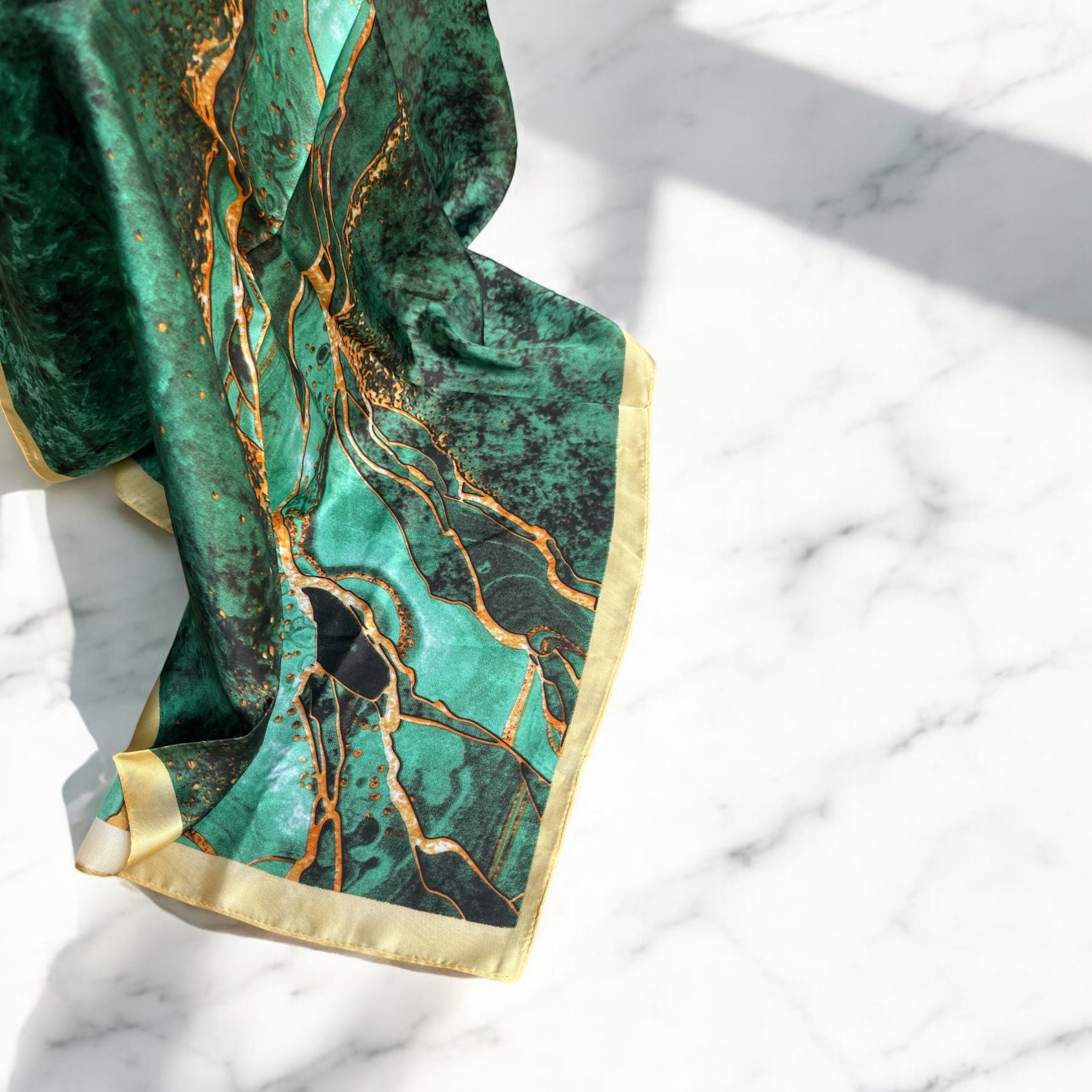 Green Marble Silky Scarf  white-green-marble-print-silk-  main image 2