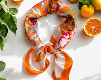 Elegant Floral Silky Feel Scarf with Butterfly Design - Orange Botanical Print Scarf, Silky Hair Wrap, Hijab, Hair Accessory, Gift for her