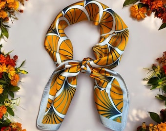 Art Deco Silky feel Scarf: Orange, Navy Blue And Silver Fan Print