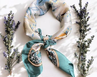 Vintage Inspired Botanical Silky feel Scarf: Teal Border, Leaf Print Hair Wrap