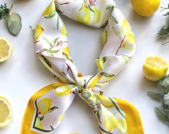 Chic Italian Inspired Lemon Print Silky Feel Scarf Yellow & White Silky Scarf Fruit Pattern, Hair Wrap, Hijab, Hair Accessory, Gift for her