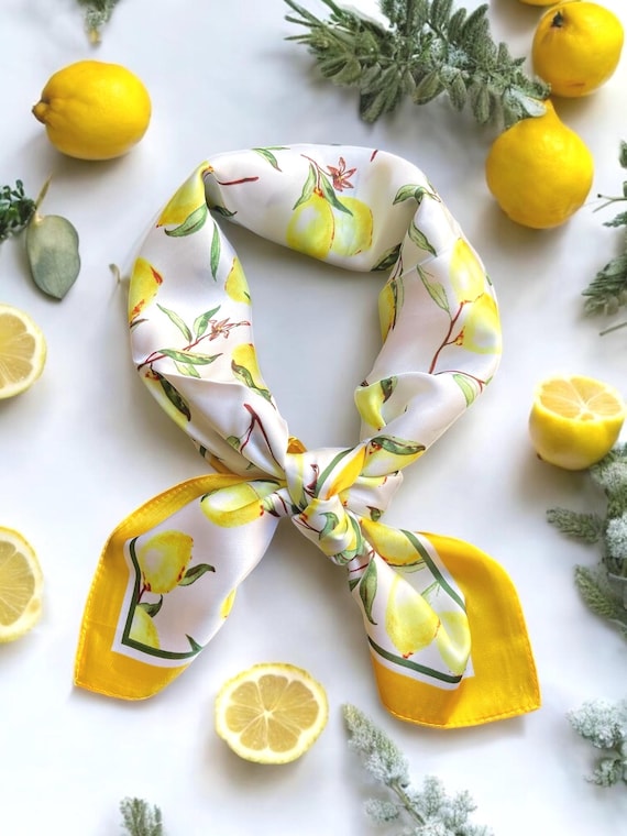 Chic Italian Inspired Lemon Print Silky Scarf Yellow & White Silk Scarf Fruit Pattern, Hair Wrap, Silk Hijab, Hair Accessory, Gift for her