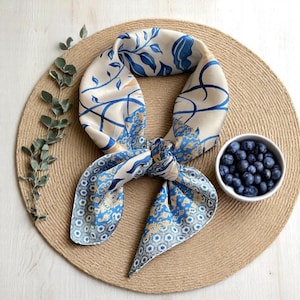 Blue Botanical Leaf Print Silk Scarf: Vintage Style Hair Wrap Nature Inspired