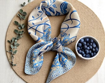 Blue Botanical Leaf Print Silky feel Scarf: Vintage Style Hair Wrap Nature Inspired