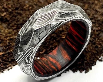 Damascus Whiskey Barrel Ring, Mens Damascus Steel Wood Ring, Mens Engagement Ring, Wedding Rings, Statement Rings, Vintage & Antique Ring