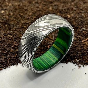 Damascus Steel Whiskey Barrel Dome Ring Engagement Ring Wedding Ring Wood Wedding Band Promise Ring Wood Inlay Damascus Steel Ring Him Her