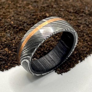 Damascus Steel & Reclaimed Wood Ring: Copper Inlay, Mens Wedding Band