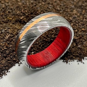 Damascus Steel Whiskey Barrel Dome Ring Engagement Ring Wedding Ring Wood Wedding Band Promise Ring Wood Inlay Damascus Steel Ring Him Her