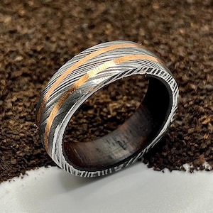 Damascus Steel Whiskey Barrel Dome Ring Engagement Ring Wedding Ring Wood Wedding Band Promise Ring Wood Inlay Damascus Steel Ring Him Her