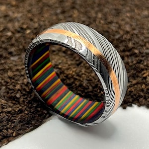 Damascus Steel & Whiskey Barrel Wood Ring: Copper Inlay Wedding Band