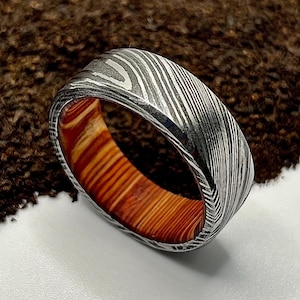 Handmade Damascus Steel Ring: Whiskey Barrel Wood Inlay Wedding Band