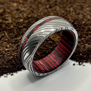 Damascus Steel Whiskey Barrel Dome Ring Engagement Ring Wedding Ring Wood Wedding Band Promise Ring Wood Inlay Damascus Steel Ring Him Her
