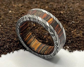 Damascus Steel Whiskey Barrel Wood Ring: Hand-Forged Mens Engagement Ring, Wedding Rings, Statement Rings, Vintage & Antique Ring
