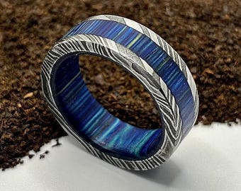 Damascus Steel Ring, Blue Wood Inlay Wedding Band, Engagement Ring, Anniversary Gift Rings, Statement Rings, Vintage & Antique Ring