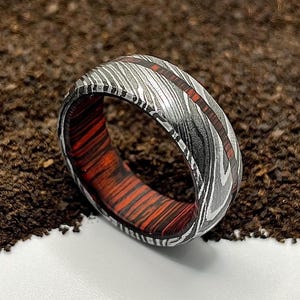 Damascus Steel Whiskey Barrel Dome Ring Engagement Ring Wedding Ring Wood Wedding Band Promise Ring Wood Inlay Damascus Steel Ring Mens Ring