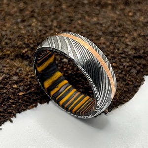 Damascus Steel & Whiskey Barrel Wood Ring: Copper Inlay Wedding Band